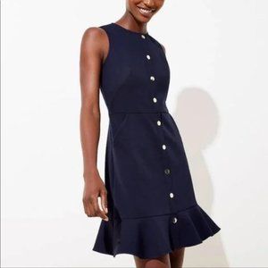 Loft navy blue sleeveless gold buttons flounce skirt sailor shift dress NWT